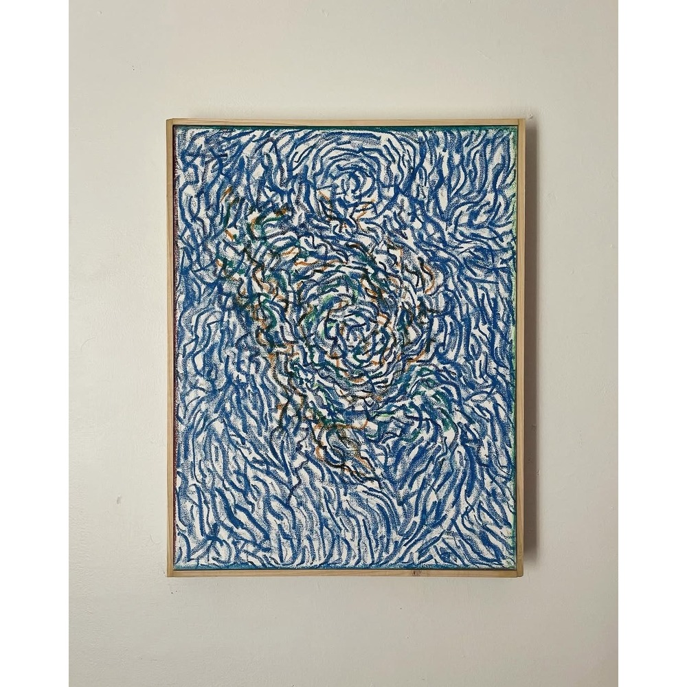 14 x 18 Abstract Blue and White Swirl Oil Pastel Painting in Light Wood Frame